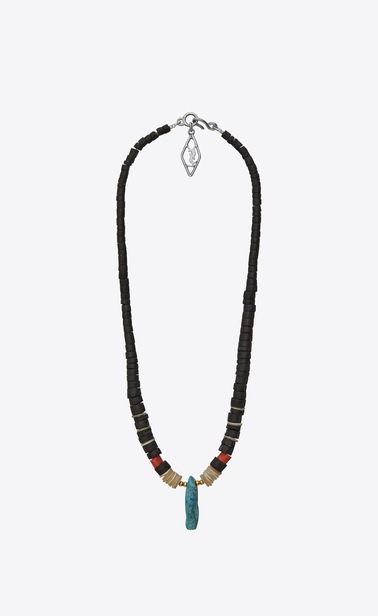 tribal necklace in wood, mother-of-pearl, gorgonian coral, turquoise and silver-toned brass